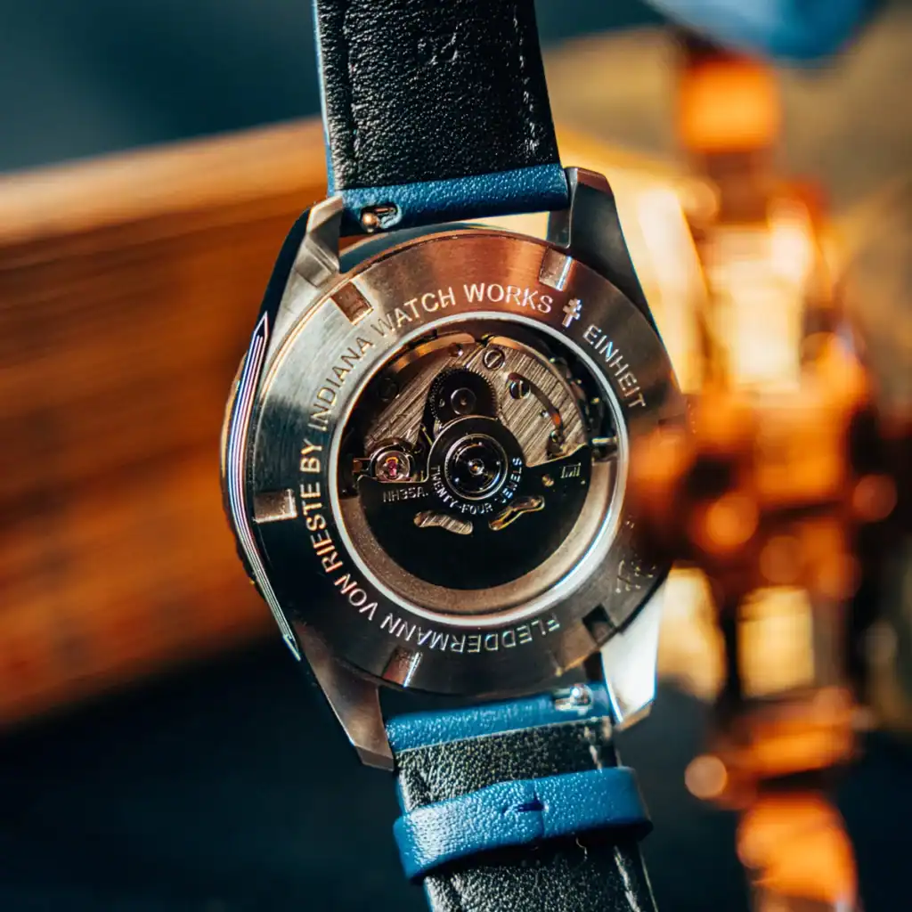 Einheit dress watch, Noble Blue dial, assembled in Indiana, Indiana watch brand, American Watch