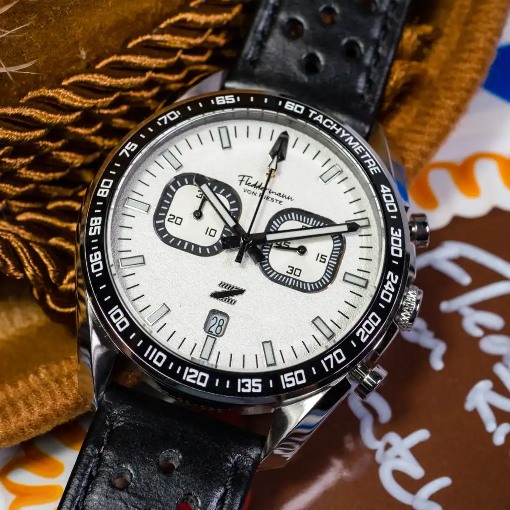 Zeitfahren chronograph watch, Trackside White dial, American-assembled racing chronograph, Indiana Watch brand