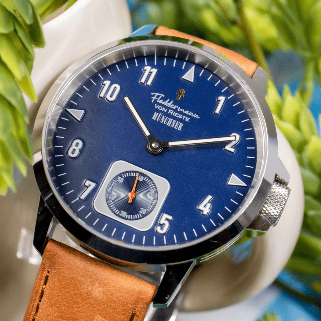 Munchner small seconds dress watch, Victory Blue dial, American-assembled Watch, Indiana watch brand