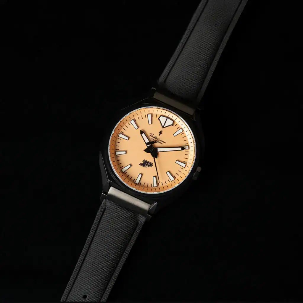 Fleddermann von Rieste Hanoverian Purdue Boilermaker Special Edition watch with black PVD case, gold dial, and steel bracelet