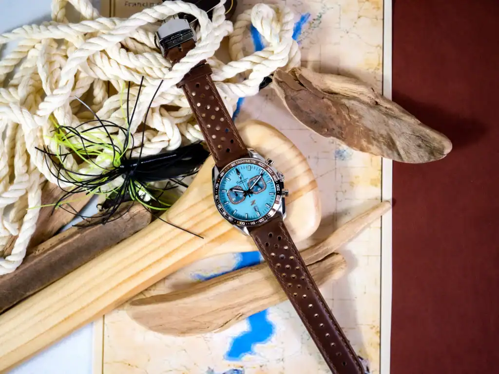Zeitfahren chronograph, Frosted Beryl dial, assembled in Indiana, Teal dial watch