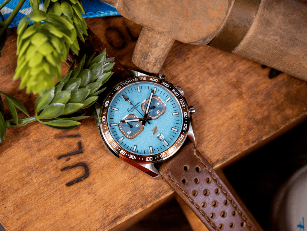 Zeitfahren chronograph, Frosted Beryl dial, assembled in Indiana, Teal dial watch